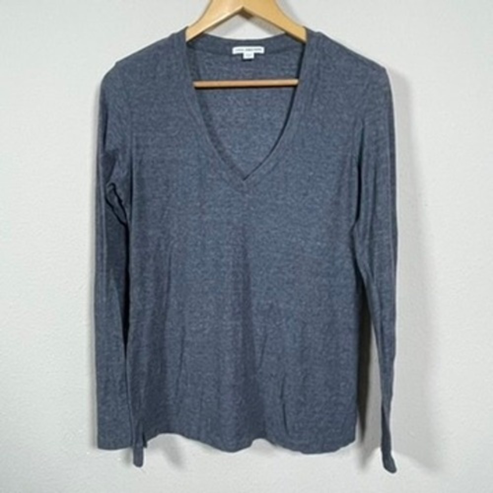 James Perse V-Neck Top Women 3 Blue Minimalist Casual Long Sleeve Cotton Blend